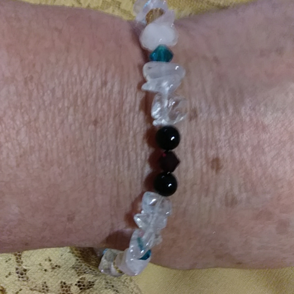 BLK. ONYX, M. O. P., AMETHYST. TEAL, CLEAR  BLACK CRYSTALS.  STERLING.  SZ-8" L